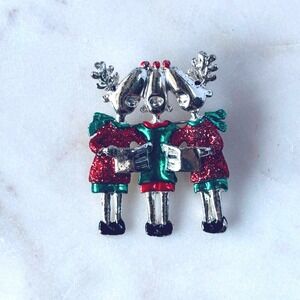 Vintage Reindeer Carolers Christmas Brooch Glitter Enamel Holiday Pin Red Green‎